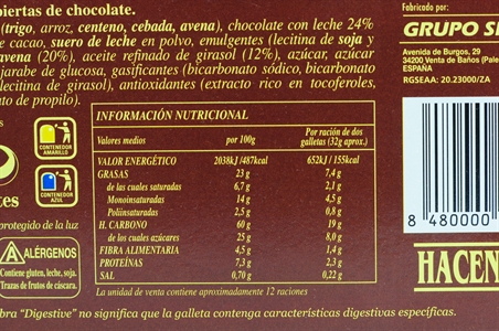 HACENDADO (MERCADONA) AVENA DIGESTIVE DE CHOCOLATE CON LECHE.