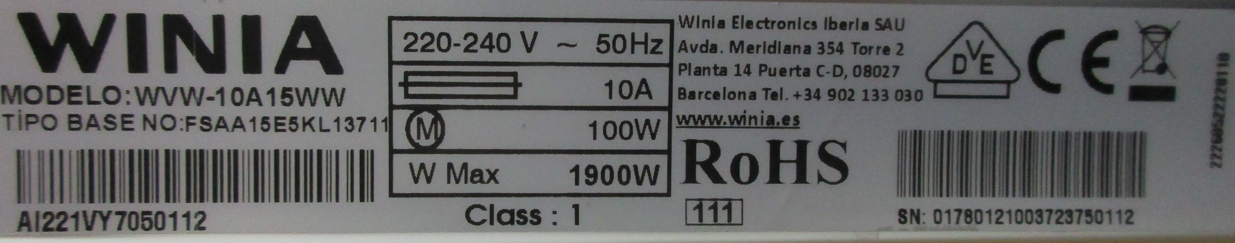 WINIA WVW-10A15WW