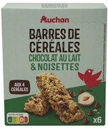 AUCHAN (ALCAMPO) BARRITAS DE CEREALES DE CHOCOLATE CON LECHE Y AVELLANAS