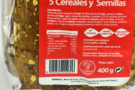 SEMILLAS PAN INTEGRAL CON 5 CEREALES Y SEMILLAS