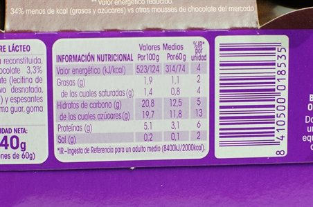 VITALINEA (DANONE) MOUSSE DE CHOCOLATE 1,9% MG/ -34% KCAL/100 G.
